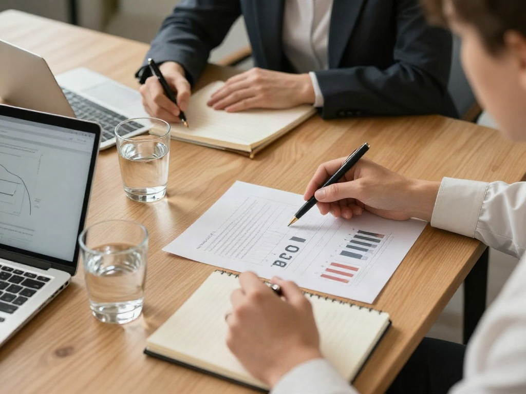 A focused business review with performance reports and a notebook on a meeting table